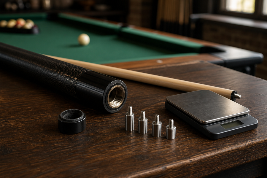 Pool cue with four weight bolts and a scale ready for a weight-and-balance adjustment