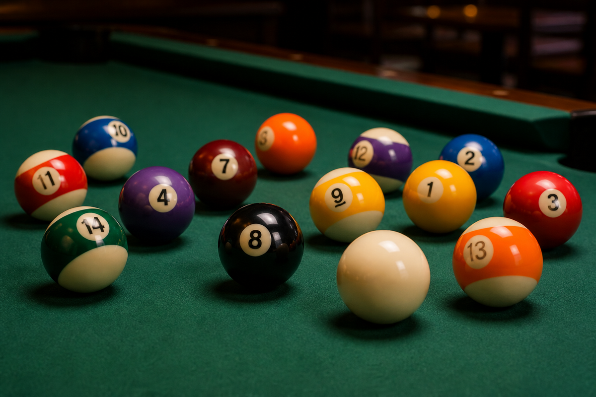 Regulation-style solids, stripes, cue ball and 8-ball on green pool-table cloth