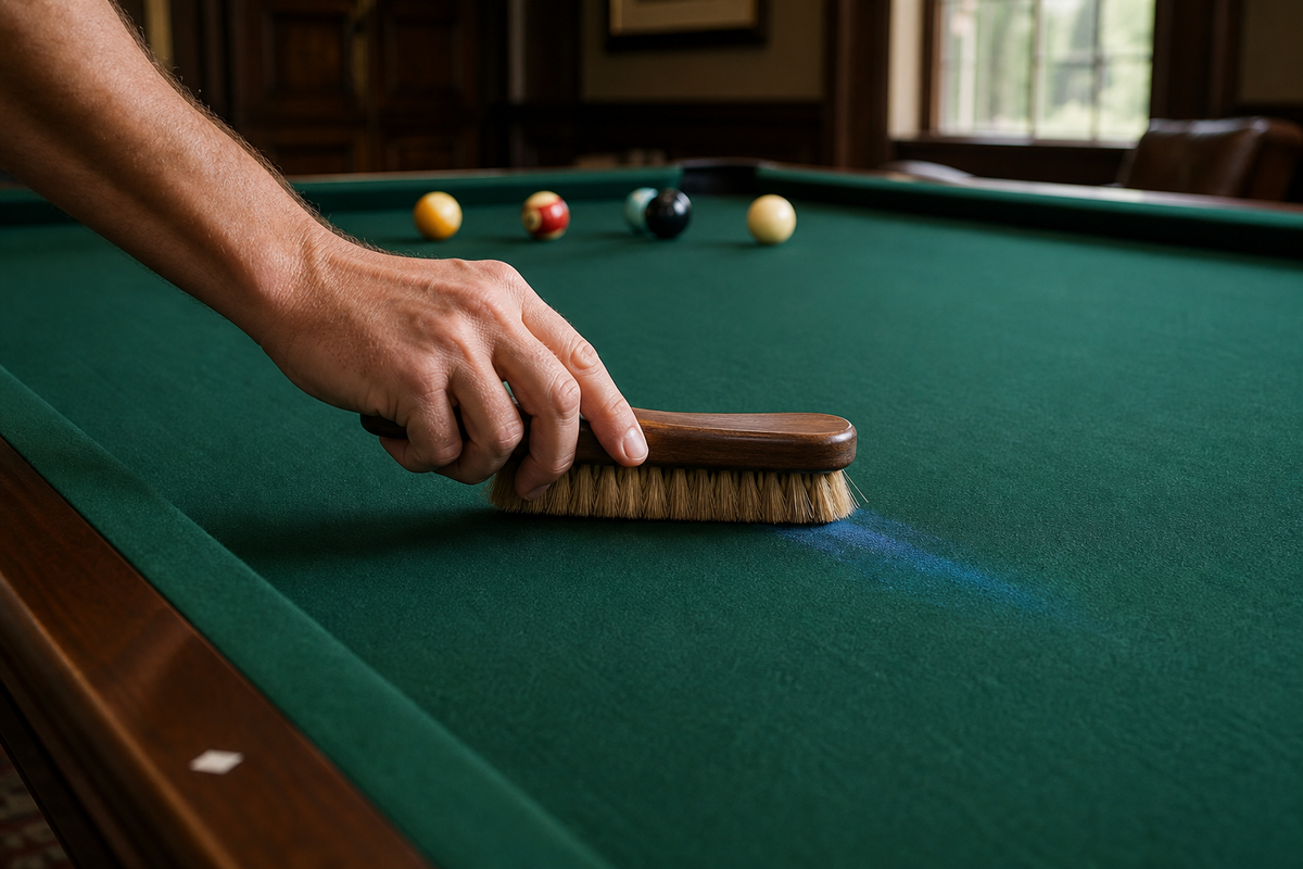 Hand gently brushing blue chalk dust from green pool-table cloth with a soft billiards brush