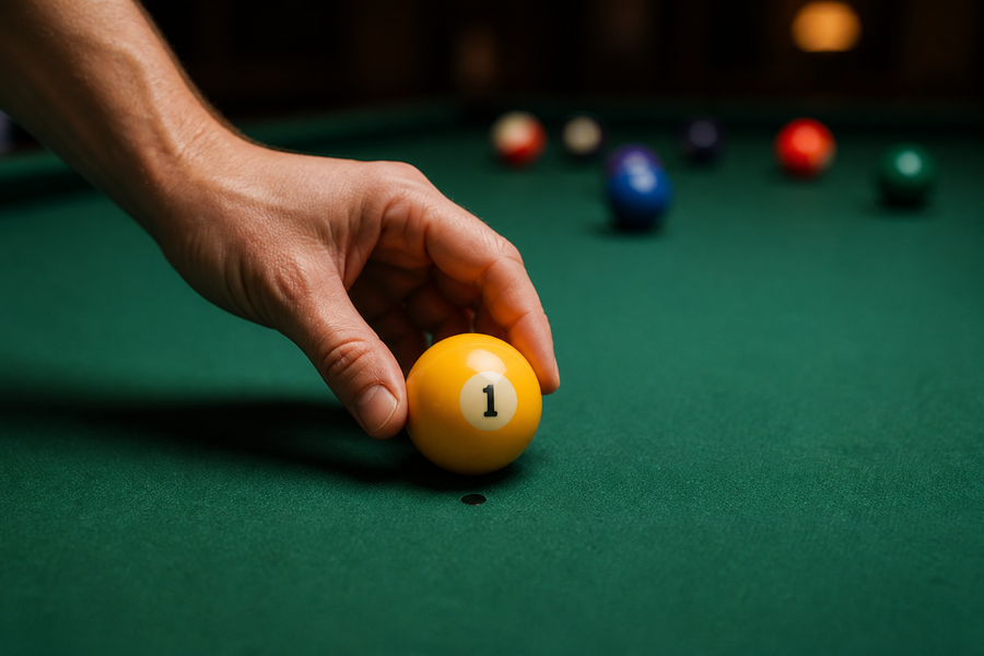 Hand placing the yellow 1-ball over the foot spot on green pool-table felt