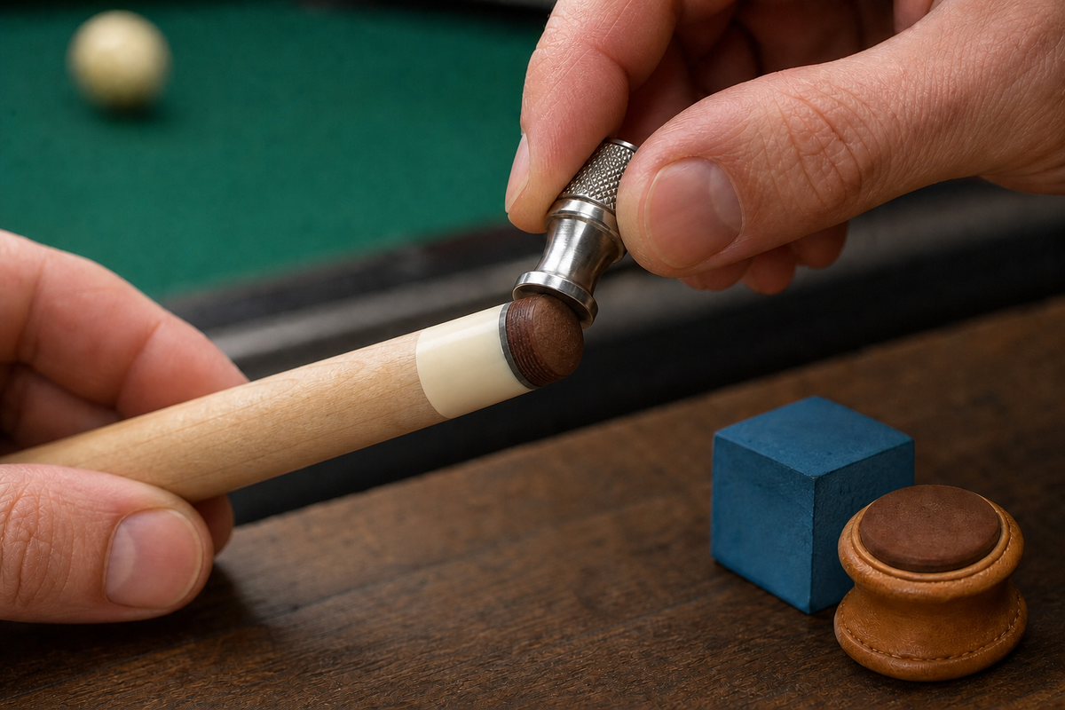 Hands gently shaping the rounded leather tip of a maple pool cue with a cue-tip tool