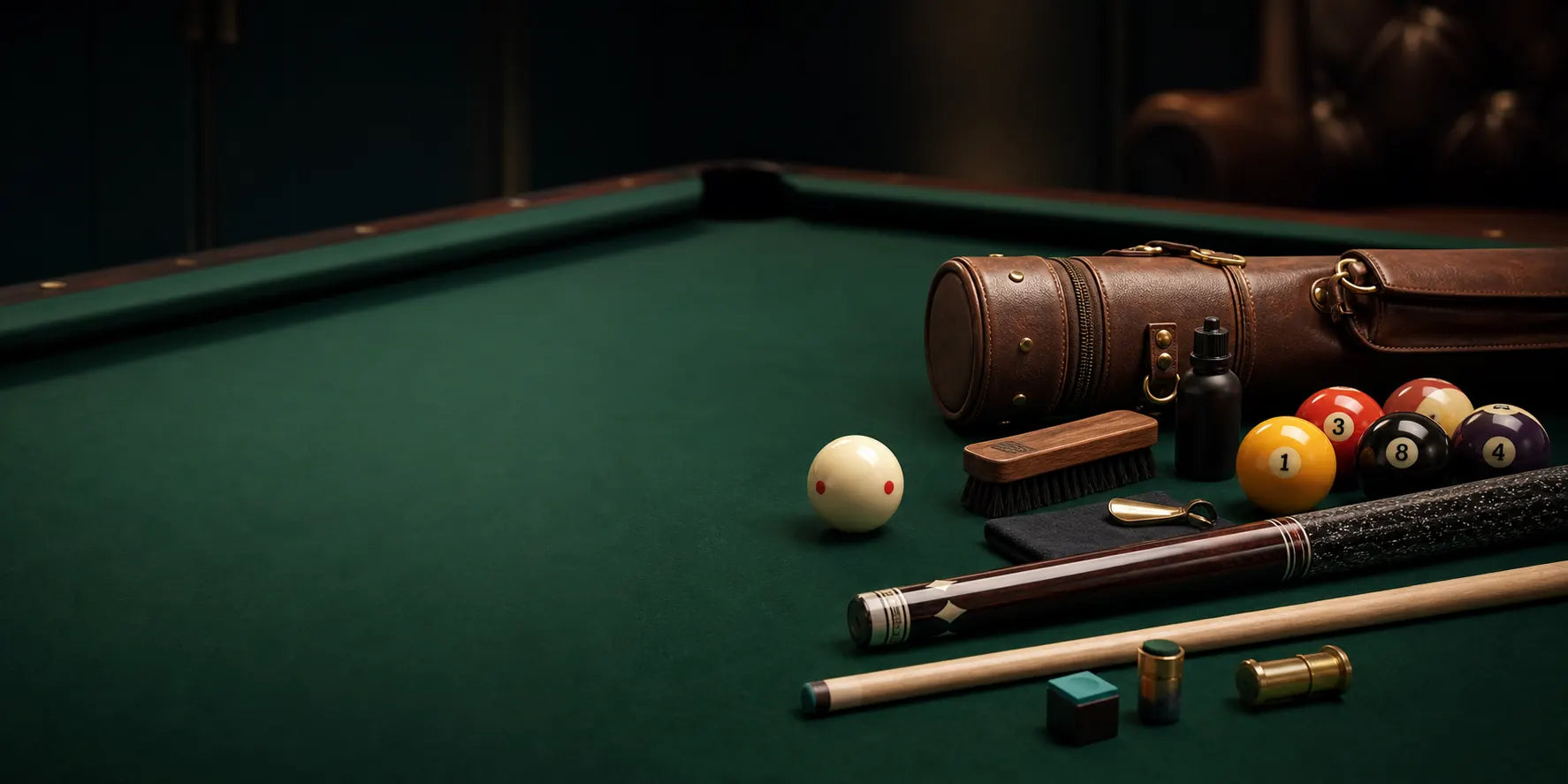 Pool cues and billiards equipment arranged on green felt